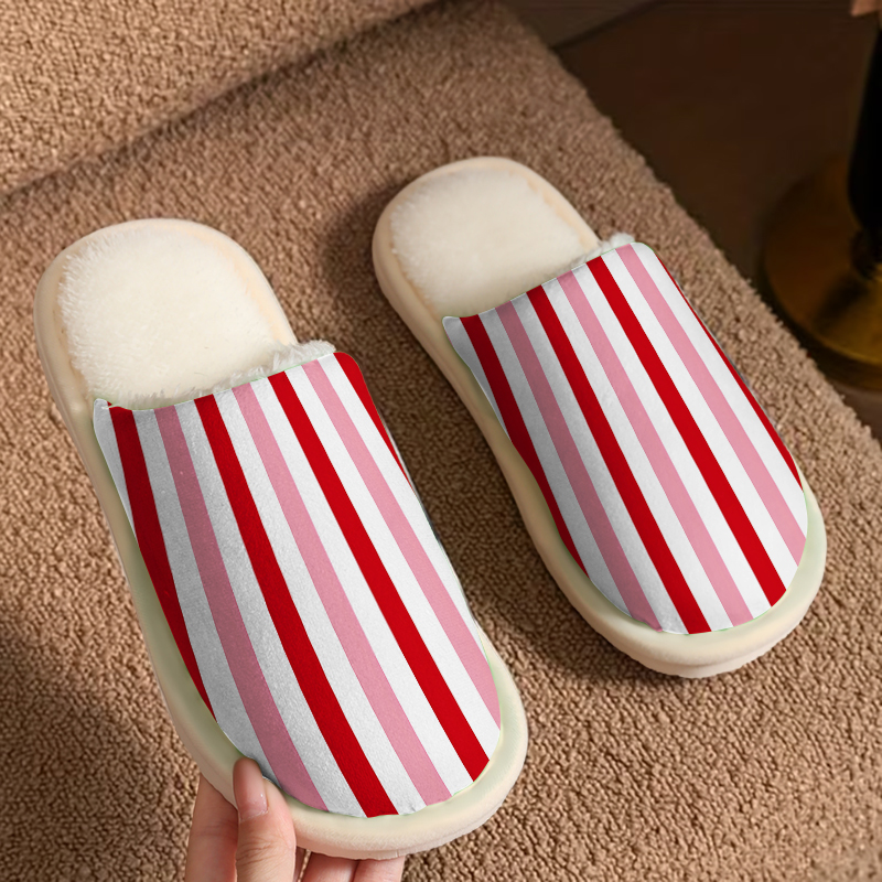 Men Shoes Red - Red Pink Stripes Luxury Plush Slippers