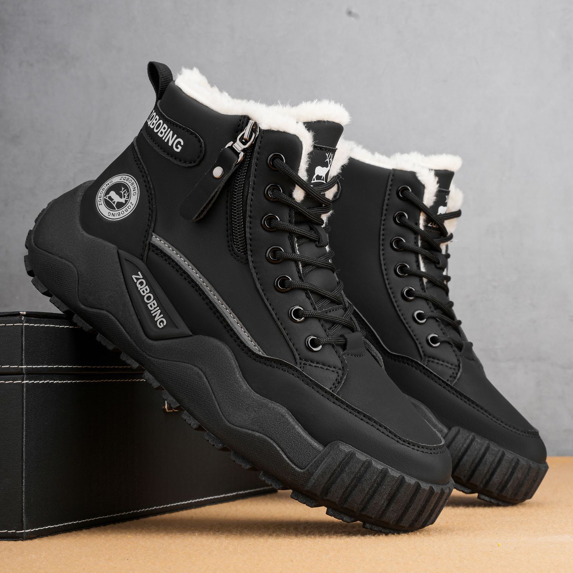 Men'S Shoes Zipper - Men's Winter High Top Plush Warm