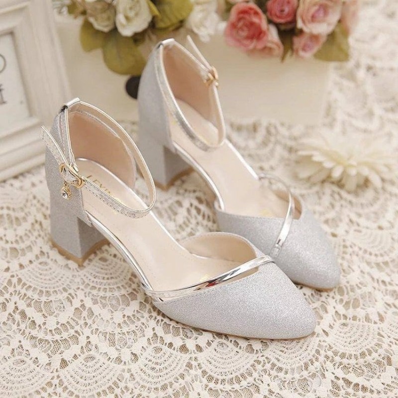Dress Shoe Pointed - Women's Glitter Chunky Block Heel Pumps